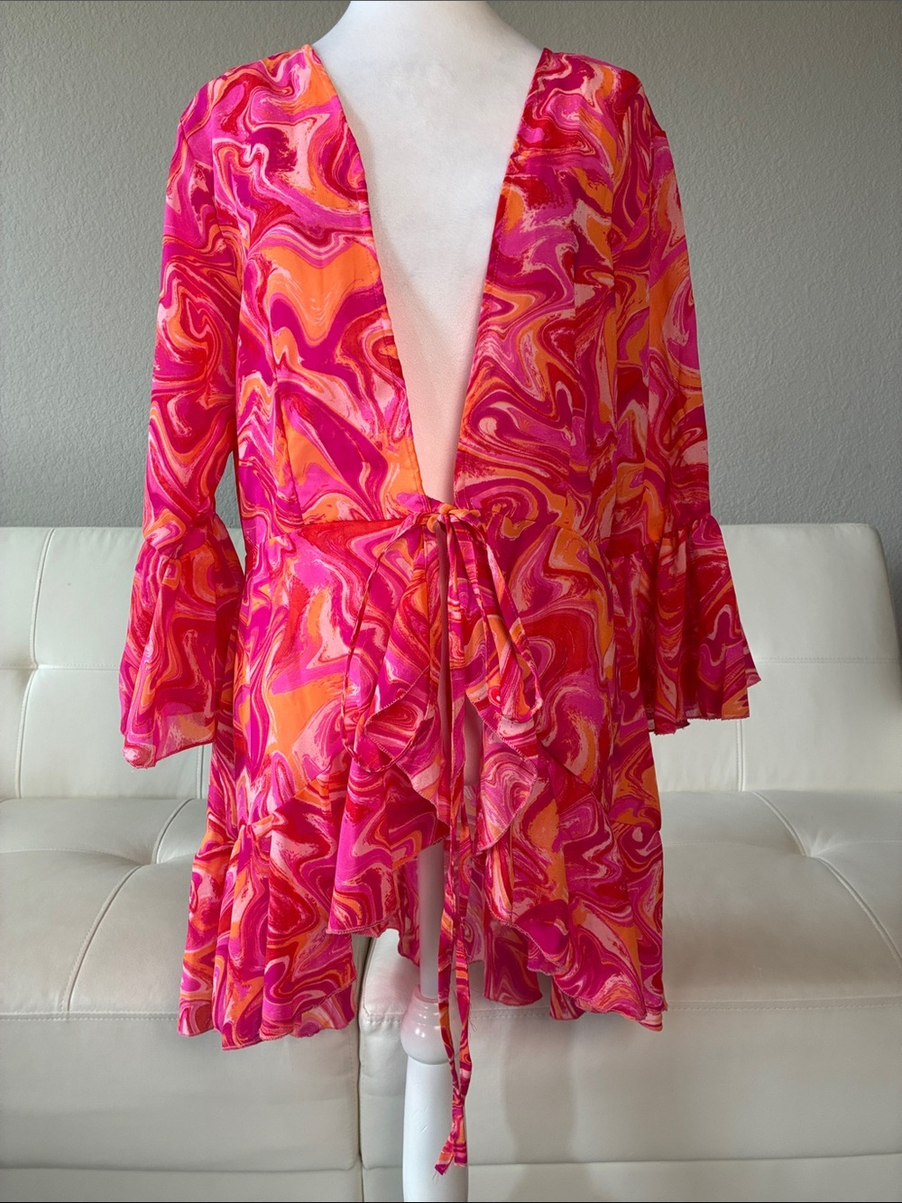 Pink & Orange Marble Tie-Front Kimono by Girl Soul